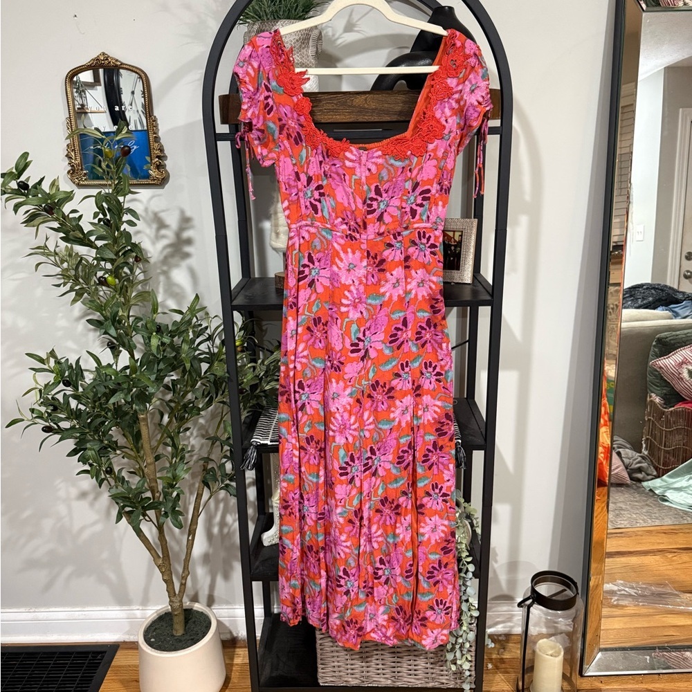 Free People Floral Midi Dress Pink Orange Lace Trim Small - Picture 4 of 13